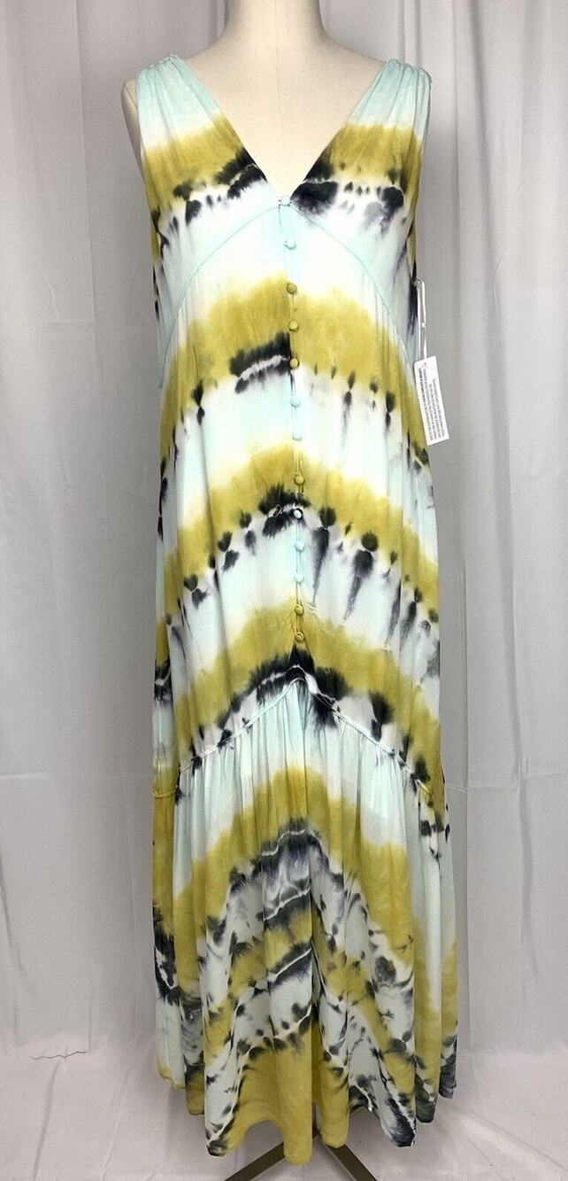 YOUNG FABULOUS & BROKE YFB Raquel Tie Dye Maxi Dress in Olive Harmony Wash M NWT